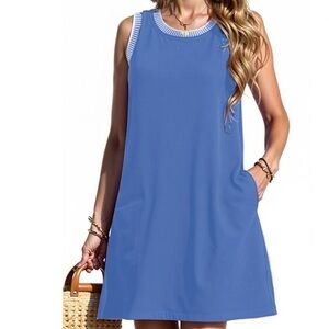 Women’s Blue Color Block Casual Beach Sundress Sleeveless Tank Mini Dress Medium
